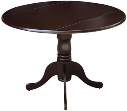 IC International Concepts, 42" Round Dual Drop Leaf Pedestal Dining Table, Solid Real Wood, Sturdy Parawood, Rich Mocha