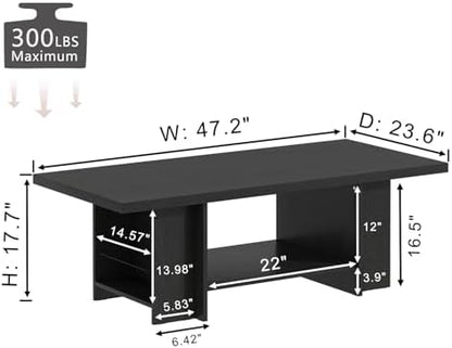 FOLUBAN Black Coffee Table with Storage Bottom Shelf & Side Shelves, Modern 2-Tier Living Room Center Table, Rectangular Wood Cocktail Tea Table for Home Office, 47 Inch