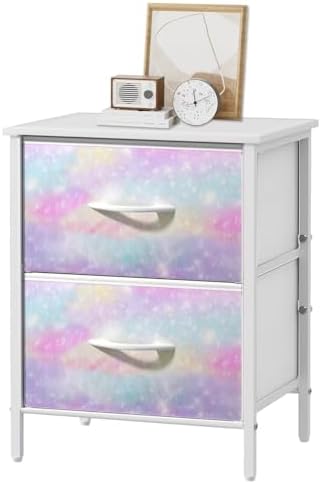 Stero Nightstand, Kids Dresser with 2 Drawers, Steel Frame Bedside Furniture, Wood Top Fabric Night Stand, Colorful End Table for Home, Bedroom, Office Tie-dye White