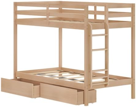 Grain & Grove Bear Twin Over Twin Bunk Bed with Storage Drawers, Sturdy Bunk Bed Frame for Kids, Plywood Bunk with Ladder, Guardrail, and Slats, No Box Spring Required, Oak Embossed Natural