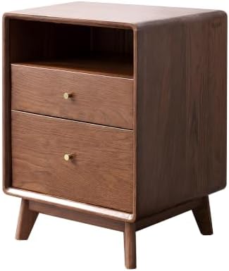 100% Solid Wood Nightstand, Walnut Nightstands with Open Storage & 2 Drawers, Mid Century Modern Nightstands, 24" H Tall Night Stand, Wooden Bedside Table for Bedroom