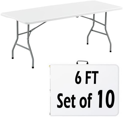 10 Pack 6FT White Plastic Folding Tables, Fold-in-Half