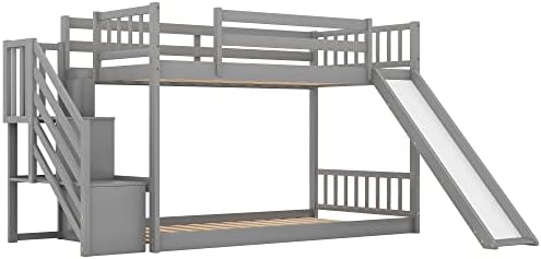 Twin Over Twin Bunk Bed with Slide and for Storage Staircase for Teens, Boys or Girls, No Box Sping Needed