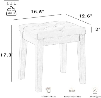 Ottoman Vanity Wooden Stool with Padded Seat, Faux Leather Brown