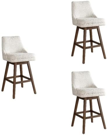 Armen Living Branson Brown Solid Wood Upholstered 30" Bar Height Swivel Barstool with Beige Fabric Seat - Set of 3