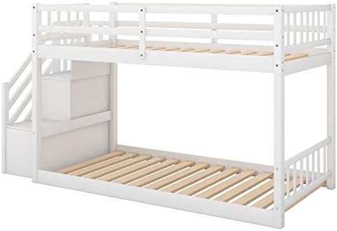 Harper & Bright Designs Kids Bunk Bed Twin Over Twin, Floor Bunk Bed with Stairs, Low Bunk Bed with Storage, Twin Bunk Bed for Kids Toddlers Teens. No Box Spring Needed (White)