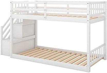 Harper & Bright Designs Kids Bunk Bed Twin Over Twin, Floor Bunk Bed with Stairs, Low Bunk Bed with Storage, Twin Bunk Bed for Kids Toddlers Teens. No Box Spring Needed (White)