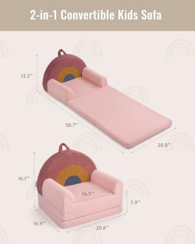 Blissful Diary Foldable Kids Couch, 2-in-1 Kids Sofa Chair, Blush Rainbow