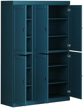 Palace Imports Solid Wood Kitchen Pantry Cabinet 71.5" Tall, 48.5" Wide – Wooden Storage Cabinet w/ 6 Shaker Doors & 8 Adjustable Shelves – Teal Blue, 100% Renewable Eco-Friendly Wood, Made in Brazil