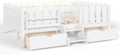 Bellemave Queen Size Platform Bed with Storage Drawers & Bookshelf for Boys Girls, Kids Queen Bed Frame with LED Lights & Stairs for Children's Room, White