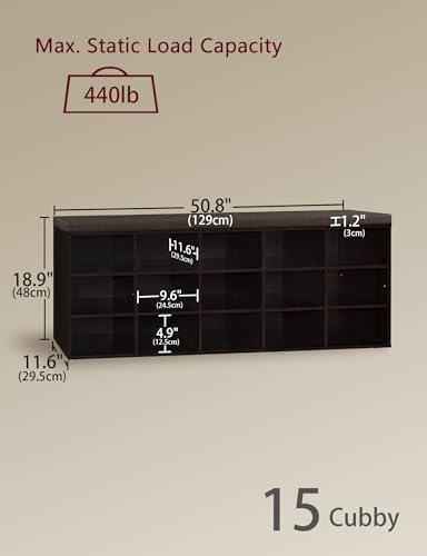 Shoe Storage Bench with Cushion, 15-Cubby Shoe Rack with Seat