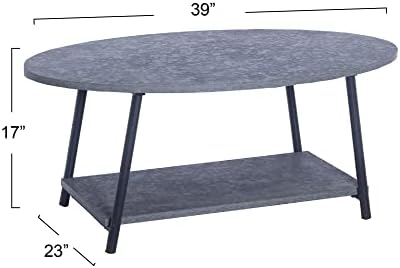 Household Essentials Oval Coffee Table with Storage Shelf in Rustic Concrete Finish and Black Metal Frame, Slate Finish
