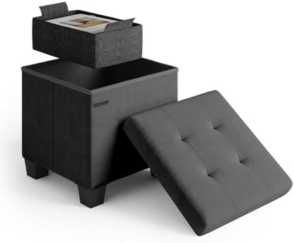 Storage Ottoman Cube with Small Bin, 15-in Square Ottoman with Storage for Living Room and Bedroom, Small Ottomans Foot Rest, Velvet Foot Stools Ottomans Max 330lbs, Grey