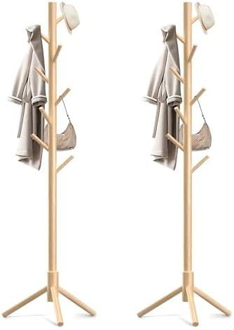Wooden Coat Rack Stand, Freestanding Coat Rack with 8 Hooks, 3 Adjustable Size Coat Tree for Hats, Coats, Scarves bags, Coat Hanger Stand Used in Bedroom/Office/Entryway,2 PCS (Natural)
