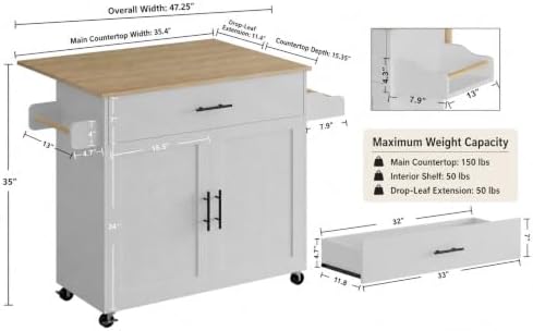 IRONCK Kitchen Island Table on Wheels with Drop Leaf, 47.25" Wide White