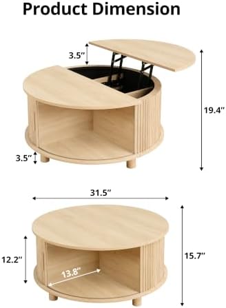 Round Lift Top Coffee Table with Storage for Living Room, Oak