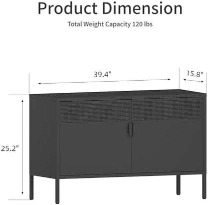 Ustamio Black Wide Metal Locker Storage Cabinet, 2 Door Accent Cabinet for Home and Office, 2 Tier Low Metal Cabinet With Doors and Shelf, Multipurpose TV Stand