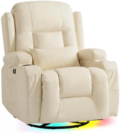 URRED Swivel Rocker Recliner Chair with LED Ambient Lights for Adults，Ivory