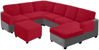 UNBBRRL Seat Cushion Cover and Back Covers for Corner Sofa Stretch Jacquard, Non Slip L Shaped Sofa Slipcover with Storage Ottoman, Sectional Couch Cover for Chaise Lounge (Red,Ottoman 15 x 15 x 16”)