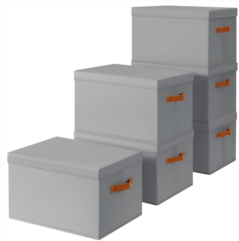 Storage Bins with Lids - Large Fabric Closet Bins with Lid, 6 Pack Clothes Organizers and Storage, Collapsible Stackable Cube Basket for Home, Office, Dorm, Grey