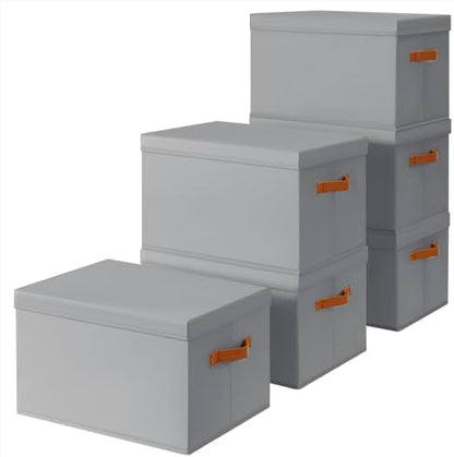 Storage Bins with Lids - Large Fabric Closet Bins with Lid, 6 Pack Clothes Organizers and Storage, Collapsible Stackable Cube Basket for Home, Office, Dorm, Grey