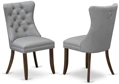 East West Furniture DAP8F27 Dallas Parsons Dining Chairs - Button Tufted Nailhead Light Gray Faux Leather Upholstered Chairs, Set of 2, Antique Walnut