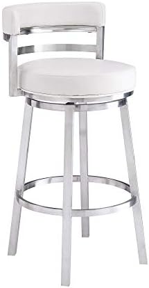 Armen Living Madrid 30" Seat Height Swivel White Faux Leather and Brushed Stainless Steel Bar Stool for Kitchen Island Counter