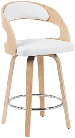 Shelly Modern Counter Height Swivel Bar Stool in Patterned Oak Finish with White Faux Leather Upholstered Seat Set of 4