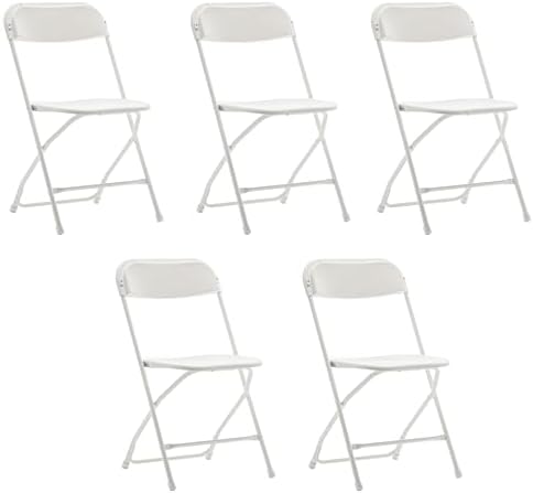 Set of 5 Pack, White Plastic Folding Chair Steel Frame Commercial High Capacity Event Chair Lightweight Set for Office Wedding Party Picnic Kitchen Dining Church School
