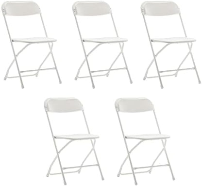 Set of 5 Pack, White Plastic Folding Chair Steel Frame Commercial High Capacity Event Chair Lightweight Set for Office Wedding Party Picnic Kitchen Dining Church School