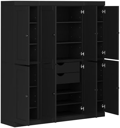 Palace Imports Solid Wood Pantry Storage - 71.5" Tall x 65" W - Utility Cabinet w/ 8 Shaker Doors, 2 Drawers, 12 Adjustable Shelves - Kitchen Cupboard - Black, 100% Eco-Friendly Wood, Made in Brazil