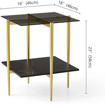 Square Glass End Table, Mid-Century Modern Side Table for Living Room, L18xW18xH23inch, Grey Glass and White Marble MDF Wood, Gold Finish Frame