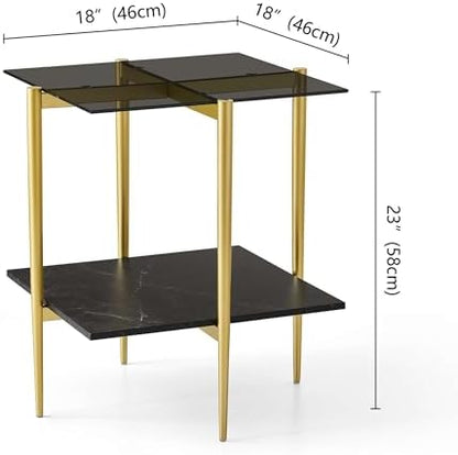 Square Glass End Table, Mid-Century Modern Side Table for Living Room, L18xW18xH23inch, Grey Glass and White Marble MDF Wood, Gold Finish Frame