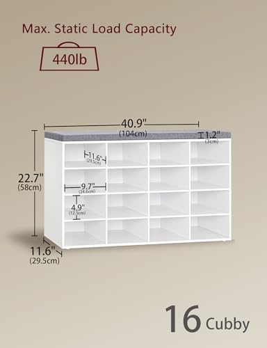 Shoe Storage Bench with Cushion, 16-Cubby Shoe Rack with Seat