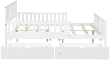 Bellemave Full Size Kids Platform Bed with Fences and 2 Drawers, Wooden Full Bed Frame with Guardrails on Both Sides for Boys Girls, White
