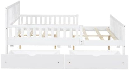 Bellemave Full Size Kids Platform Bed with Fences and 2 Drawers, Wooden Full Bed Frame with Guardrails on Both Sides for Boys Girls, White