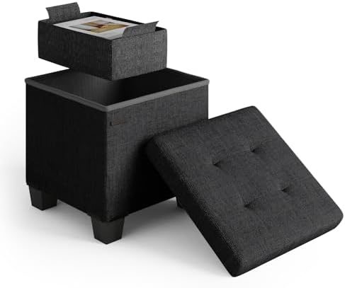 Storage Ottoman Cube with Small Bin, 15-in Square Ottoman with Storage for Living Room and Bedroom, Small Ottomans Foot Rest, Fabric Foot Stools Ottomans Max 330lbs, Black