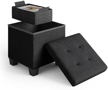 Storage Ottoman Cube with Small Bin, 15-in Square Ottoman with Storage for Living Room and Bedroom, Small Ottomans Foot Rest, Fabric Foot Stools Ottomans Max 330lbs, Black