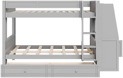 Full Over Full Bunk Bed with Desk,Drawers, Bookshelves,Gray