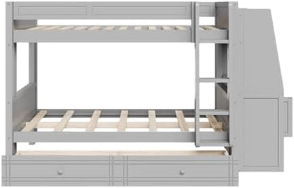 Full Over Full Bunk Bed with Desk,Drawers, Bookshelves,Gray