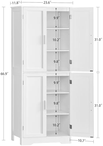 TEENFON 67” Storage Cabinet, Kitchen Pantry Cabinet with 4 Doors and 2 Adjustable Shelves, Cupboard, Tall Bathroom Cabinets for Dining Room, Living Room, White