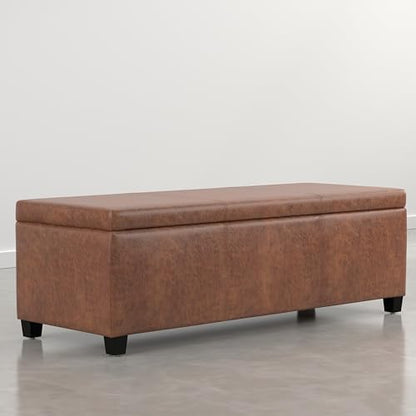 SIMPLIHOME Avalon 48" Vegan Leather Ottoman in Distressed Pecan Brown