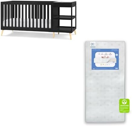 Delta Children Essex 4-in-1 Convertible Crib and Changer, Black Ebony w/Natural Knobs Twinkle Galaxy Dual Sided Recycled Fiber Core Crib and Toddler Mattress (Bundle)