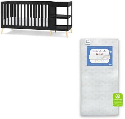 Delta Children Essex 4-in-1 Convertible Crib and Changer, Black Ebony w/Natural Knobs Twinkle Galaxy Dual Sided Recycled Fiber Core Crib and Toddler Mattress (Bundle)