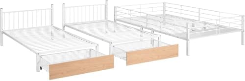 MERITLINE Detachable Full Over Twin & Twin Bunk Bed with Storage and Ladder,Metal Triple Bunk Bed with Drawers and Guardrails,Space-Noise Free, No Box Spring Needed (White)