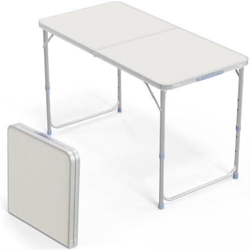VINGLI 4FT White Folding Table with Carrying Handle Height Adjustable Lightweight Fold Up Portable for Indoor Outdoor Picnic,Camping,Hiking,Fishing,BBQ …