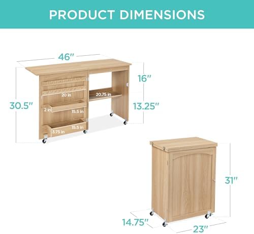 Best Choice Products Folding Sewing Table Multipurpose Craft Station & Side Desk with Compact Design, Wheels, Shelves, Storage Trays, Pegs, Magnetic Doors, Metal Doorknobs - Light Brown