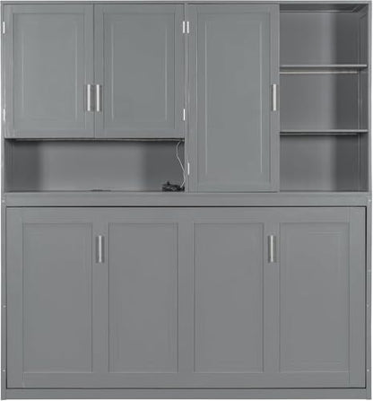 Twin Horizontal Murphy Bed with Storage Cabinet, LED Light and Charging Station,Wood Folding Murphy Wall Bed Cabinet with Bookcase and Shelves for Adult (Grey)