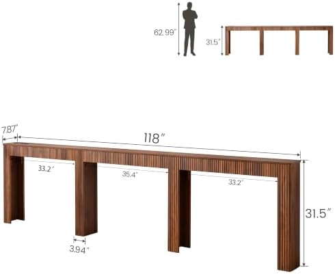 118"L Long Narrow Sofa Table Behind Couch with Charging Station ,Walnut