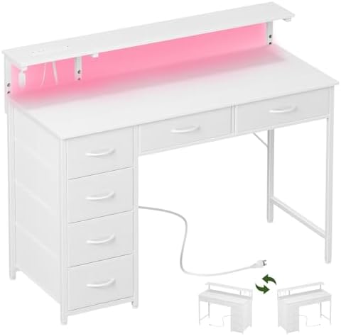 Somdot Computer Desk with Power Outlet and LED Lights, Desk with 6 Drawers